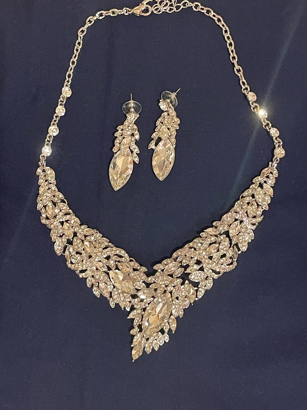 Crystal Statement Necklace and Earrings Set - Silver Tone